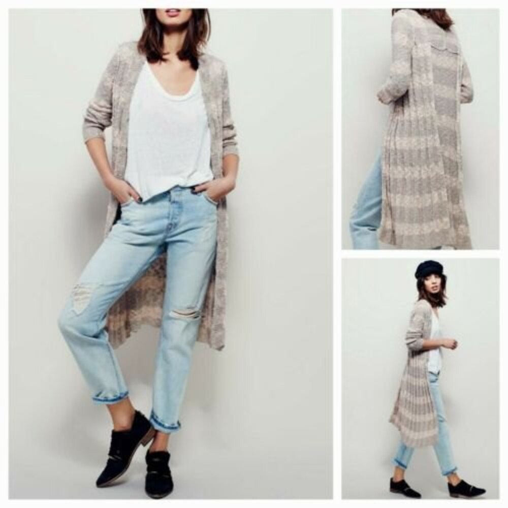 FREE PEOPLE Free Spirit Duster Knit ribbed Cardigan Pink Beige Stripe Small Boho